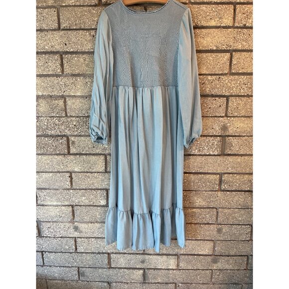 Ingrid & Isabel Womens XL Blue Smocked Long-Sleeve Midi Dress With Ruffle Hem - Picture 1 of 9